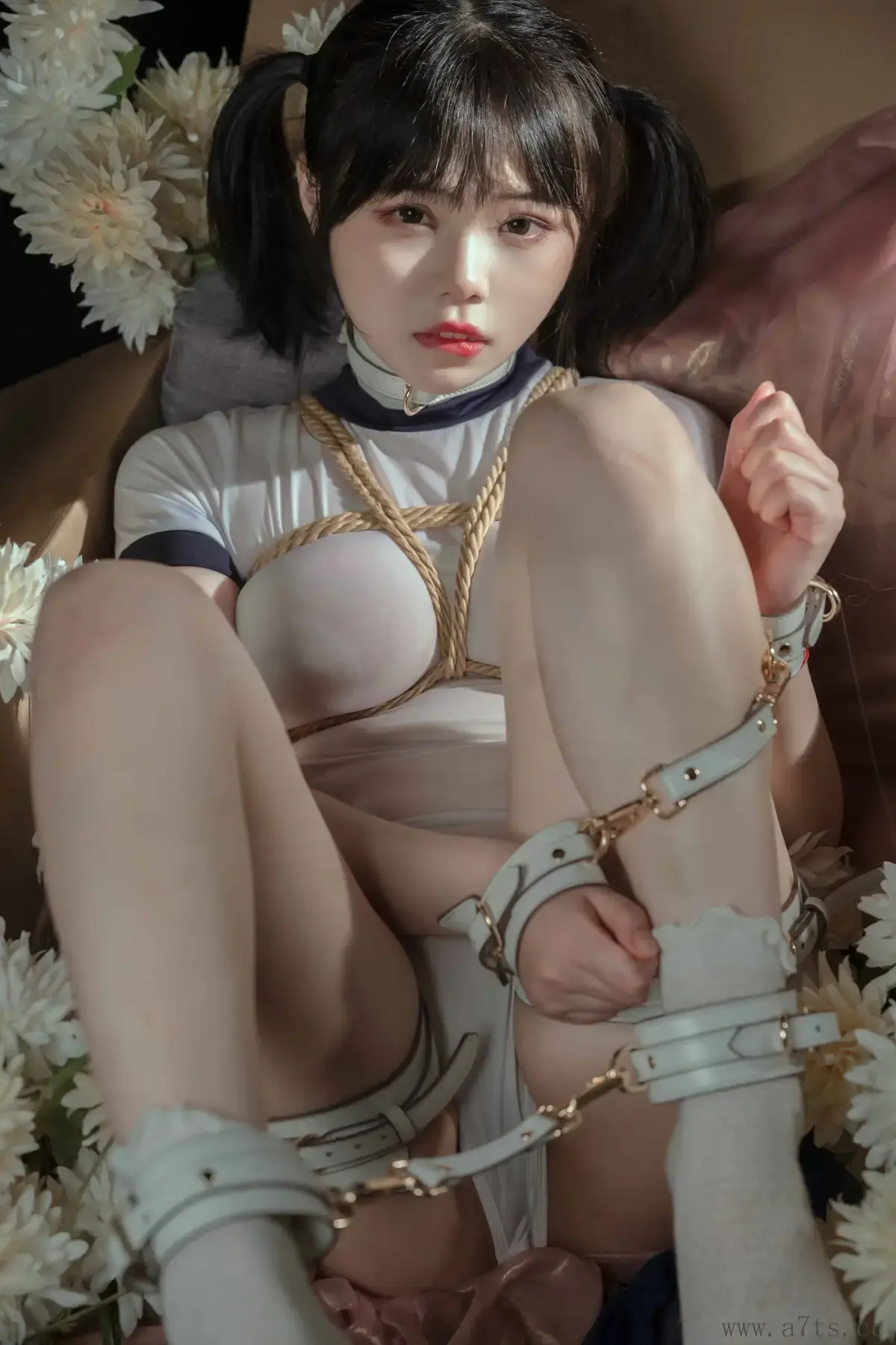 七月喵子躺在花团上